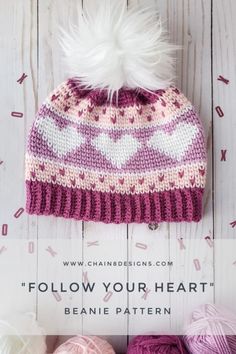 the crochet hat pattern is shown with balls of yarn in front of it