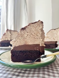 a slice of chocolate cake on a plate with a fork