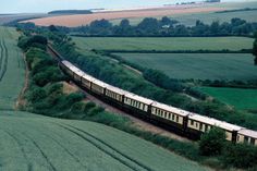 a train traveling down tracks next to lush green fields and trees on either side of it