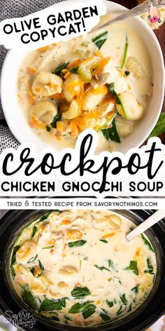 crockpot chicken gnocchini soup with text overlay that reads olive garden copycatch