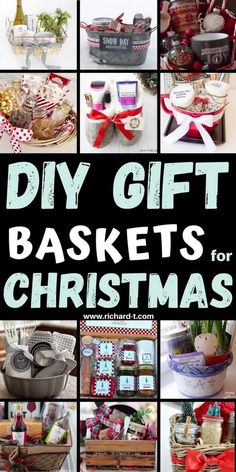 a collage of baskets for christmas with the words diy gift baskets for christmas