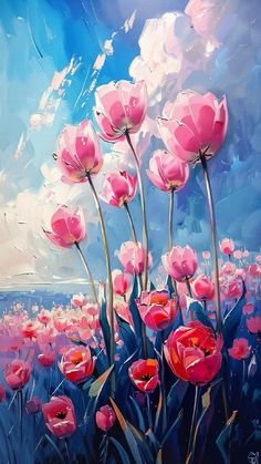 an oil painting of pink flowers on a blue sky with clouds in the back ground