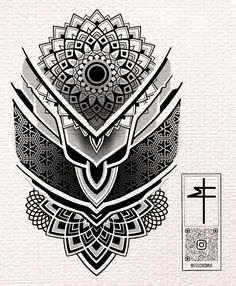 an artistic tattoo design on paper with cross and symbol in the background, black and white