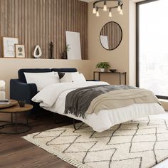 a bed sitting on top of a wooden floor next to a window in a bedroom