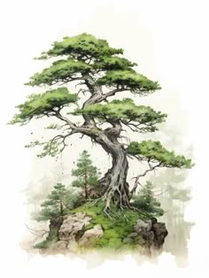 a painting of a tree on top of a hill with rocks and trees around it