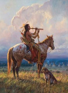 a painting of a native american man on horseback with his dog