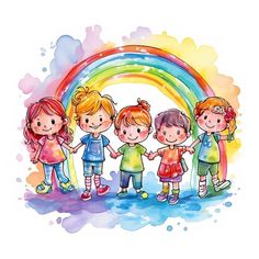 a group of children standing in front of a rainbow with their hands on each other