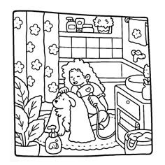 a black and white drawing of a woman washing her dog in the kitchen with flowers