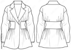 the front and back view of a women's coat, with long sleeves on both sides