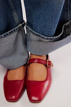 Flats Outfit Summer, Square Ballet Flats, Mary Jane Flats Outfit, Red Flats Outfit, Parisian Shoes, Buckle Ballet Flats, Red Mary Jane Shoes, Red Shoes Flats, Ballet Flats Outfit