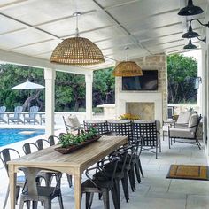 an outdoor dining area next to a swimming pool