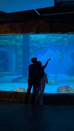 two people standing in front of an aquarium