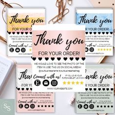 thank you for your order cards with the words thank you and other things on them