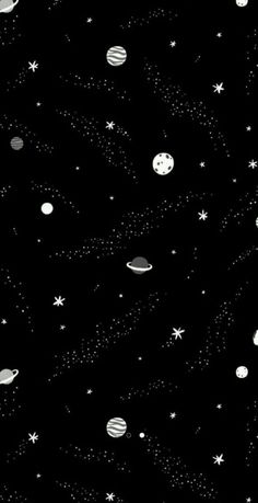 black and white space background with stars, planets and saturn in the night sky illustration