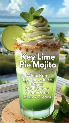 Key Lime Pie Mojito Cocktail 🍹 
۸ ingredients

Produce
Key lime 1 oz •
Mint, leaves fresh leaves 6 •

Baking & Spices
Sugar 2 tsp •
Whipped cream 1 •

Snacks
Graham crackers 1 •

Drinks
Soda water 1 •

Dairy
Heavy cream 1/2 oz •

Beer, Wine & Liquor
Rum, white 2 oz •