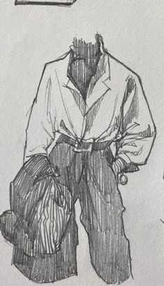 a drawing of a man in a trench coat with a bag on his lap, next to a clock