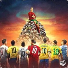 a man sitting on top of a pile of soccer balls in front of other men