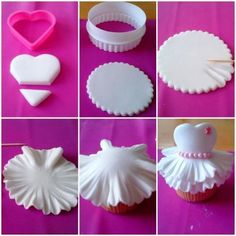 the steps to make cupcakes are shown in different colors and sizes, including white icing