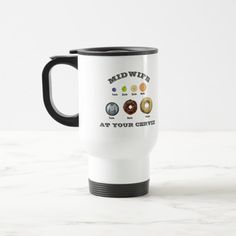 a coffee mug with different types of donuts on it