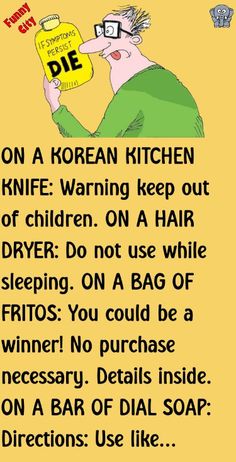 an image of a cartoon character holding up a jar with the words, on a korean kitchen knife warning keep out of children on a hair dryer do not use while