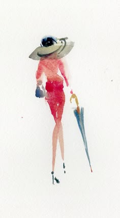 a watercolor painting of a woman in a red dress and hat with an umbrella