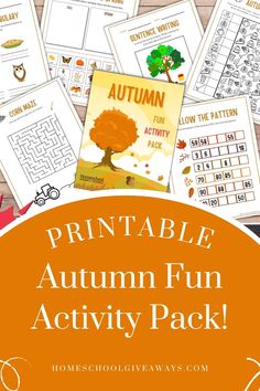 printable autumn fun activity pack for kids with an orange background and text overlay