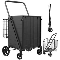 a black shopping cart next to a wire basket and metal handlebars on wheels