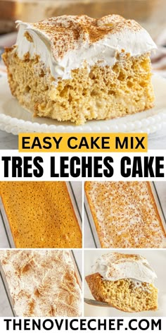 easy cake mix tress leches cake recipe on a white plate with text overlay