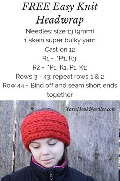 a woman wearing a red knitted headband with the text free easy knit headwrap