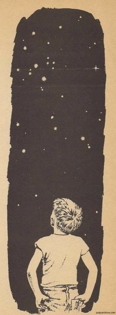 a black and white drawing of a boy looking at the stars