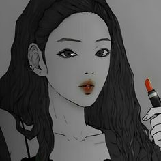 a drawing of a woman holding a lipstick in one hand and a pen in the other