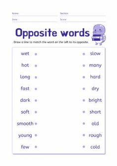 opposite words worksheet for kids to practice their english language and spelling with pictures