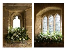 two windows with flowers and greenery in them