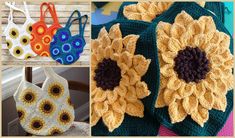 crocheted bags and purses are shown in three different pictures, one with sunflowers on them