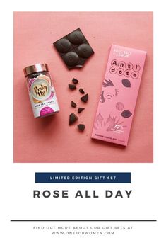 the rose all day chocolate bar and its ingredients are shown on a pink background with text that reads limited edition gift set