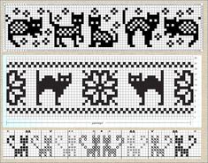 two cross stitch patterns with cats and letters in black and white, one has an image of