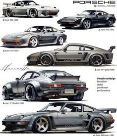 four different cars are shown side by side in this graphic art work, each with their own name