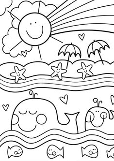 a coloring page with an image of the ocean and sun