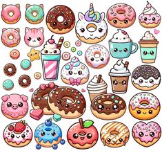 a large collection of donuts and cupcakes with different toppings on them