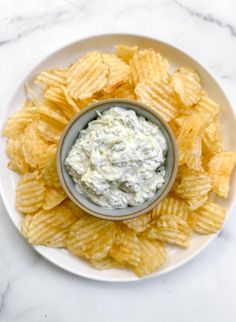 a white plate topped with chips and dip