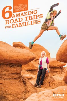 a man and woman standing on rocks with the title 6 amazing road trips for families