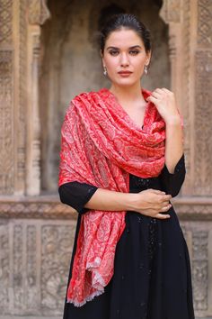 Soft, snow white paisley motifs decorate this Indian shawl, featuring a body of strawberry for a fantastic look. Carrying on the Kashmir textile traditions of his ancestors, Sajad designs this beautiful shawl, working with local artisans to weave it from wool. Indian Shawl, Paisley Motifs, Paisley Shawl, Wool Shawl, Local Artisans, Traditional Style, Color Combinations, Snow White, Shawl