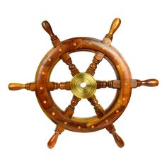 a wooden steering wheel with brass spokes on a white background