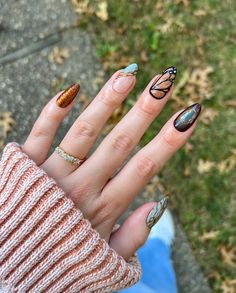 fall mix & match 🍂🙂‍↕️ @lightslacquer cold turkey, mrs robinson, & espresso @mooncat bootlegger literally can’t stop adding 3d gel to nail looks, it really elevates everything!! this might be one of my fav looks i have created in a while, inspo came from pinterest 🦋🫶🏼🍂 Fall Nails Abstract, Uñas Summer, Beer Nails, Fall Nail Art Ideas, Fall Nail Trends, Fall Nail Art Designs, Vintage Nails