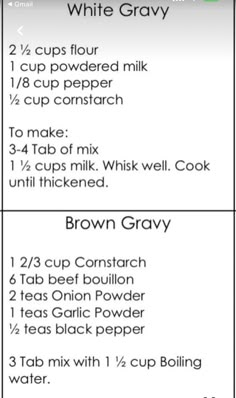 the recipe for white gravy is shown on an iphone screen, with instructions to make