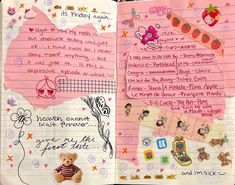 an open notebook with writing and pictures on the pages, including teddy bear in striped shirt