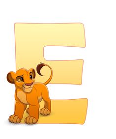 the letter e is for lion with an image of it's face and tail