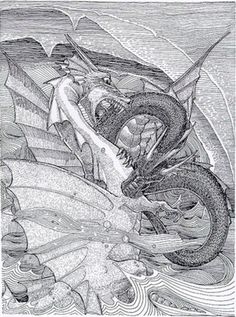 a black and white drawing of a dragon attacking a fish