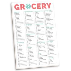 a grocery list with the words grocery written in red and green on top of it