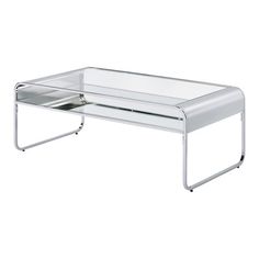 a glass coffee table with metal legs and an open shelf on the bottom, in front of a white background